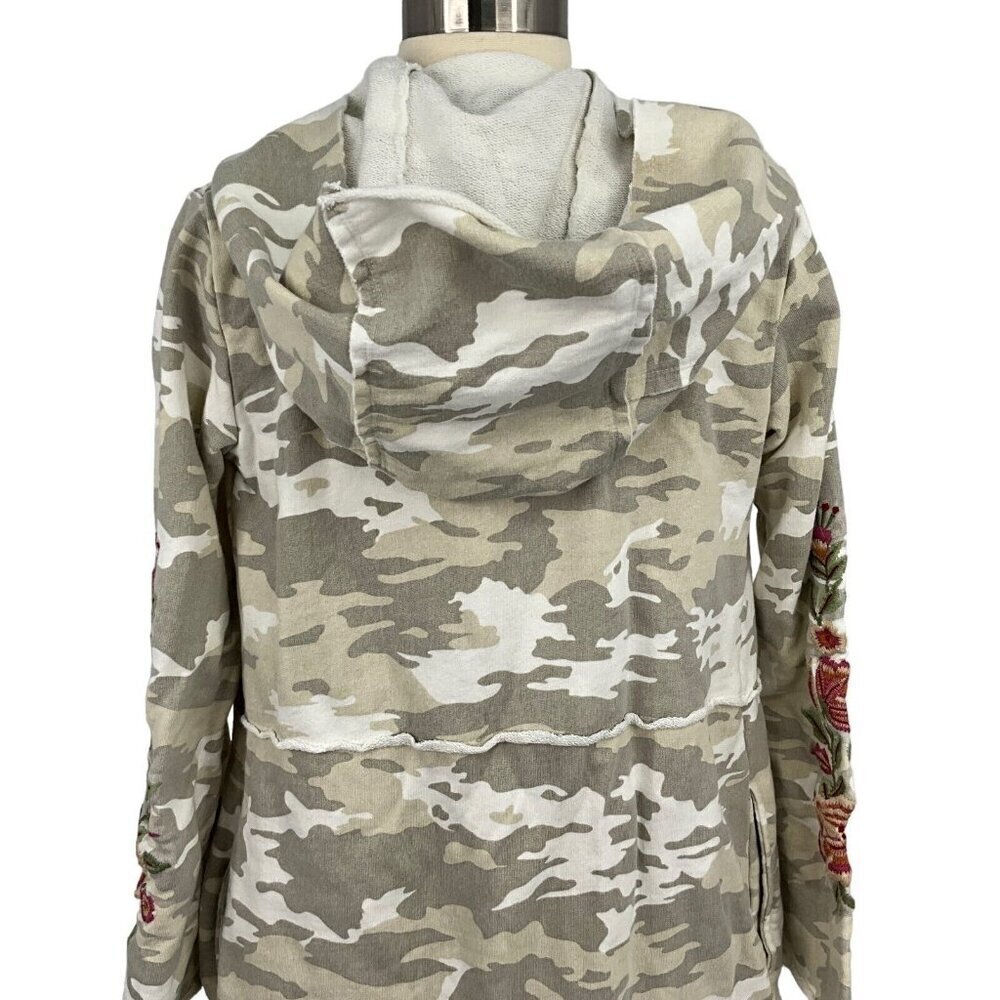 Athleta Caite Size XS Hooded Duster Beige Gray Camo Floral Embroidery Open Front - Picture 6 of 11